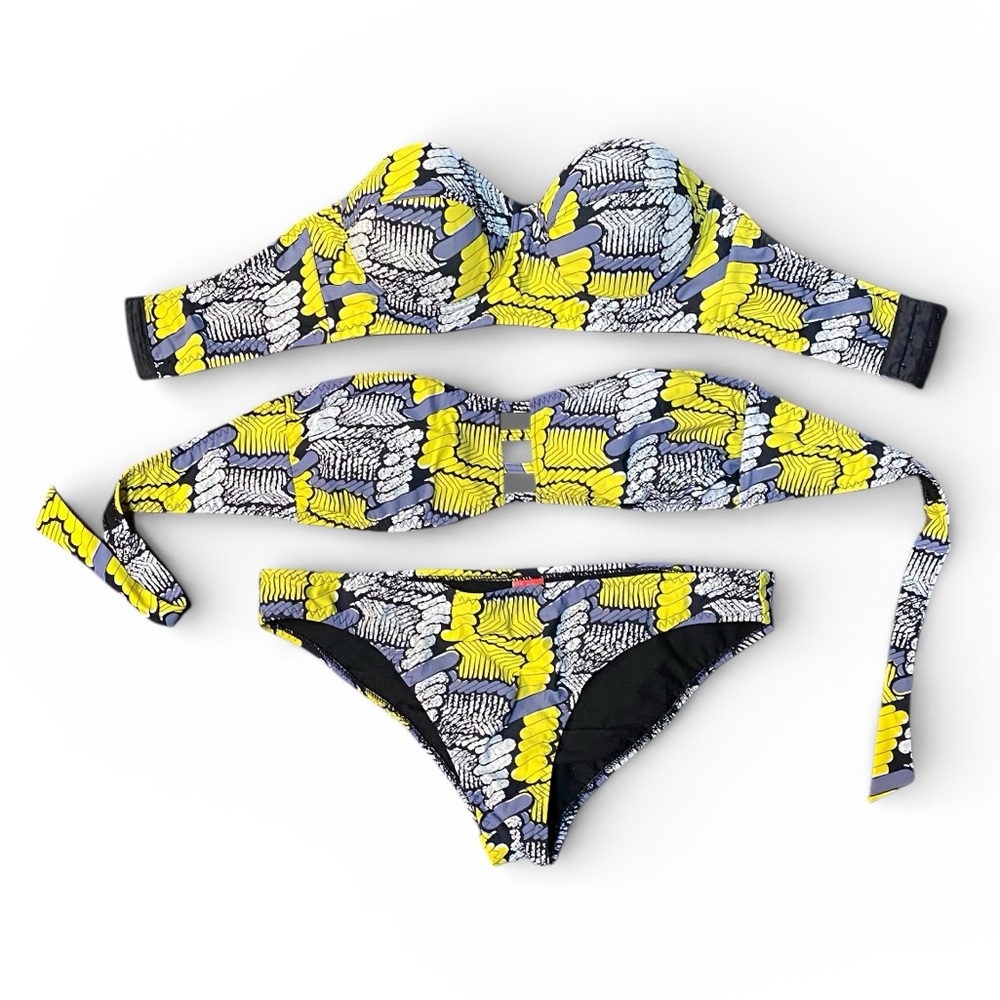 Red Carter Mix and Match Bikinis, Strapless Bandeau Bra, Yellow Grey Black